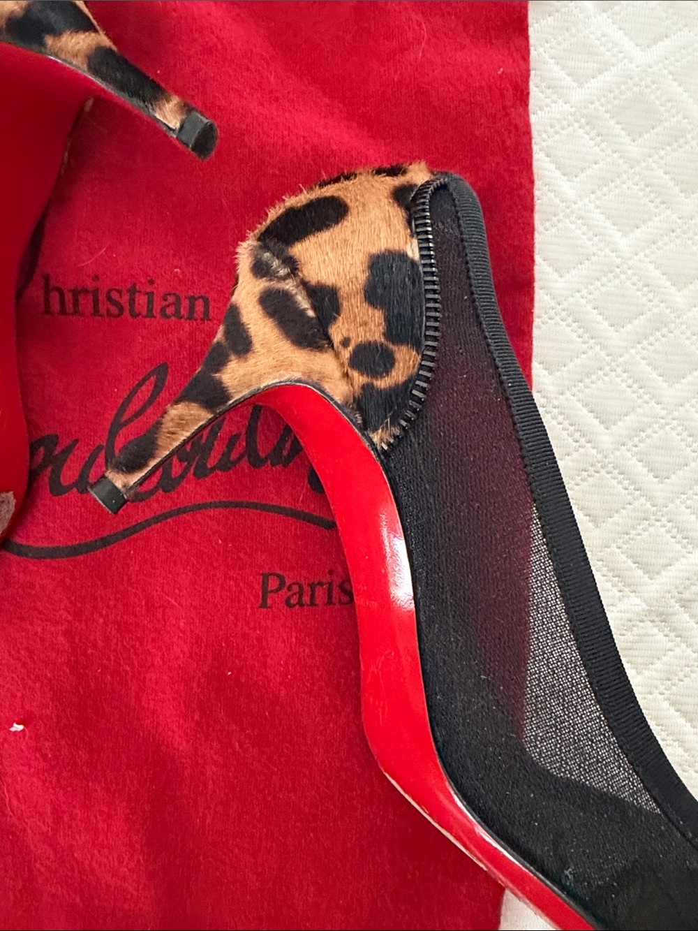 Christian Louboutin Black Mesh Heels with Leopard-Print Pointed Toe - Picture 6 of 12
